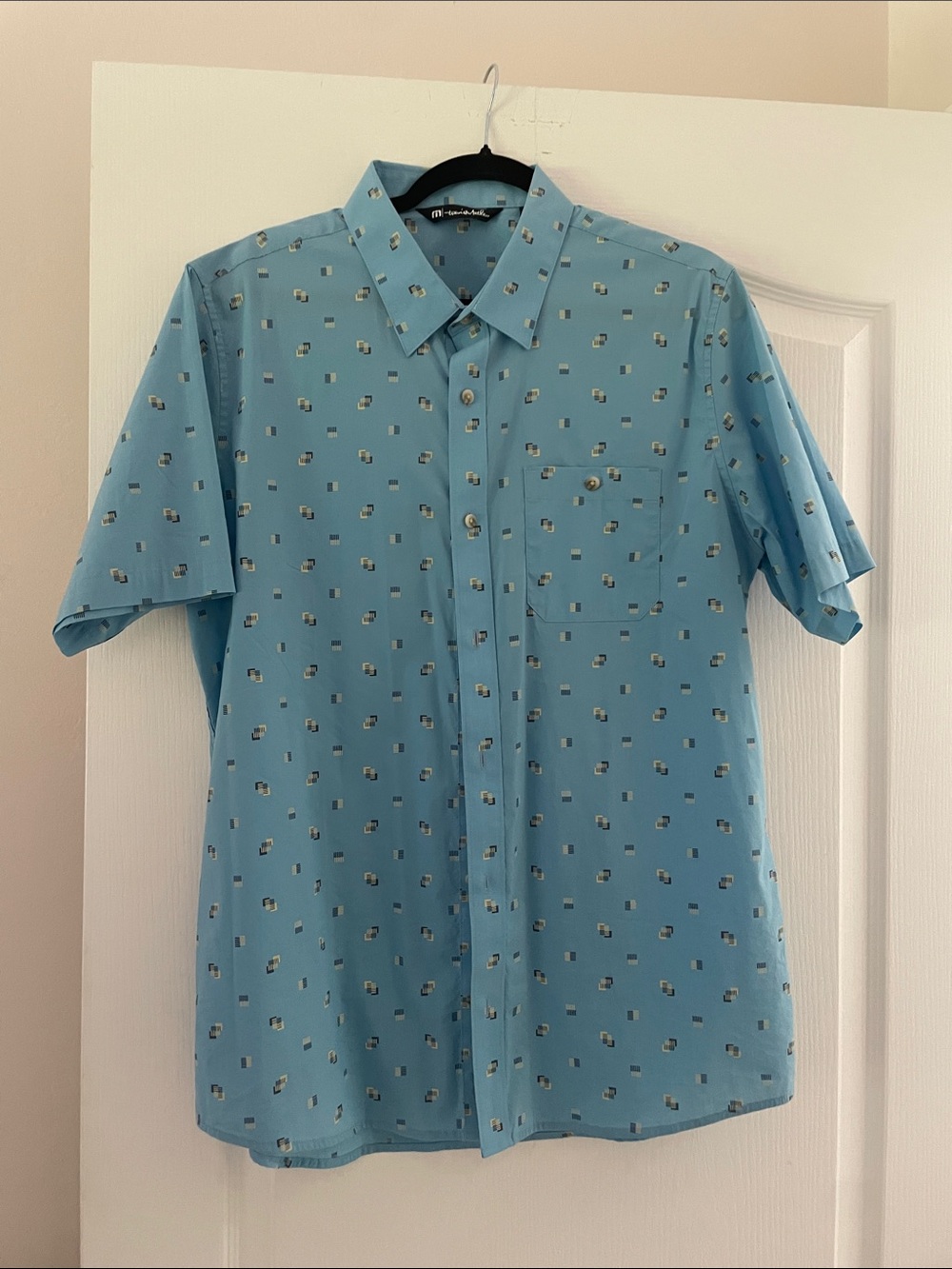 Travis Mathew Sky Blue Short-Sleeve Button-Down with Micro Print